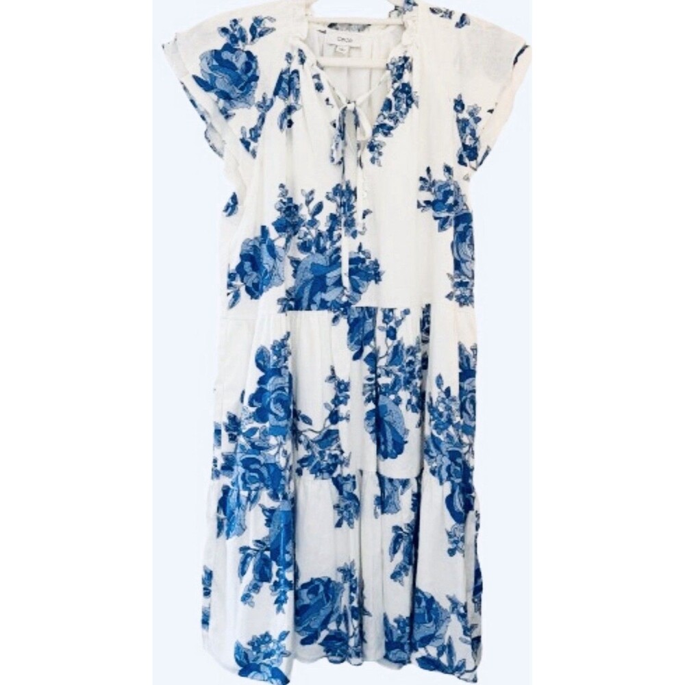 CeCe Linen Blend Floral Midi Dress Blue White Pockets Lined Tie Neck Women's M
